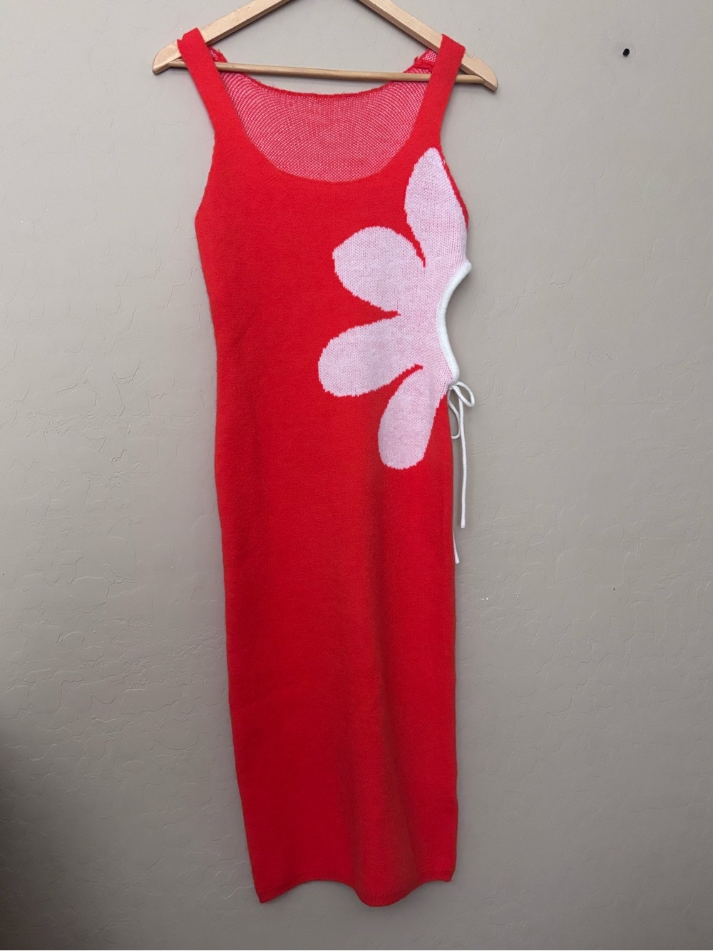 Viral Red Knit Flowers Cut Out Midi Bodycon Sweater Dress